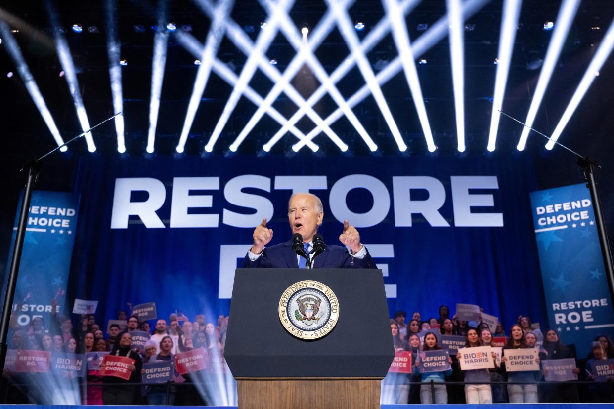 President Joe Biden speaks during a campaign rally to Restore Roe at Hylton Performing Arts Center in Manassas, Virginia, on January 23, 2024.