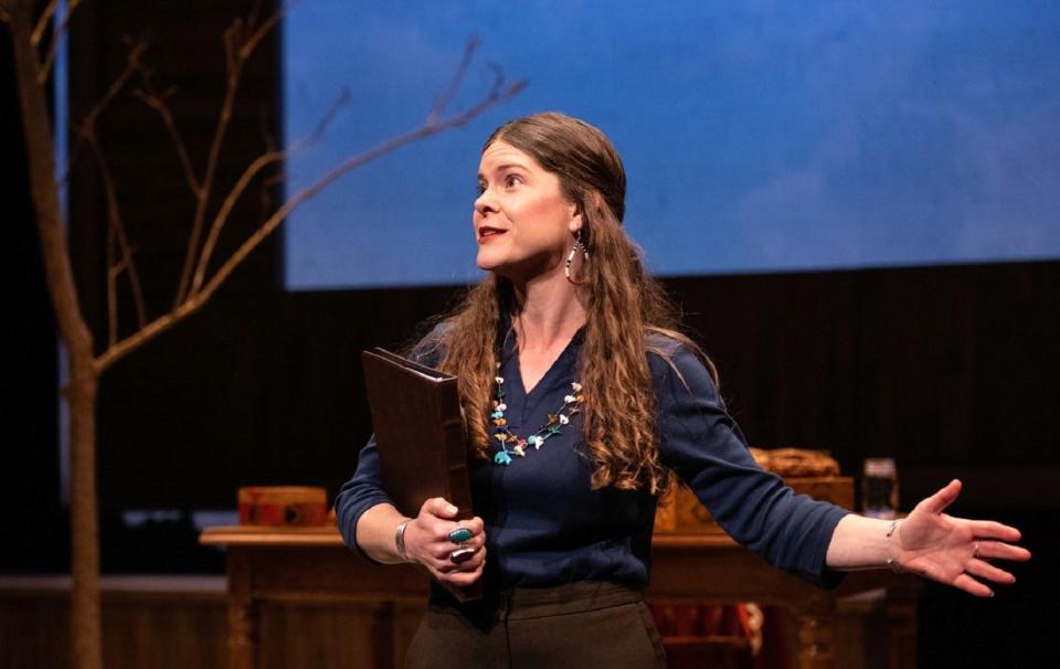 Cherokee Nation playwright and actor Mary Kathryn Nagle performs as the late Muscogee activist Jean Hill Chaudhuri, her mother-in-law, in her new play "On the Far End."
