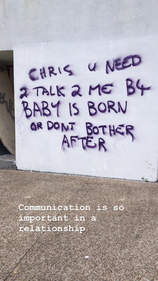 Pictured is the purple message graffitied on a wall apparently by a pregnant woman asking for 'Chris' to talk to her. Source: Frankston Community Notice Board