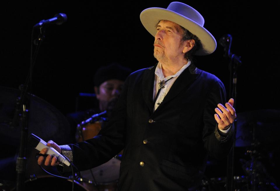 Bob Dylan performs on stage in France, 2012