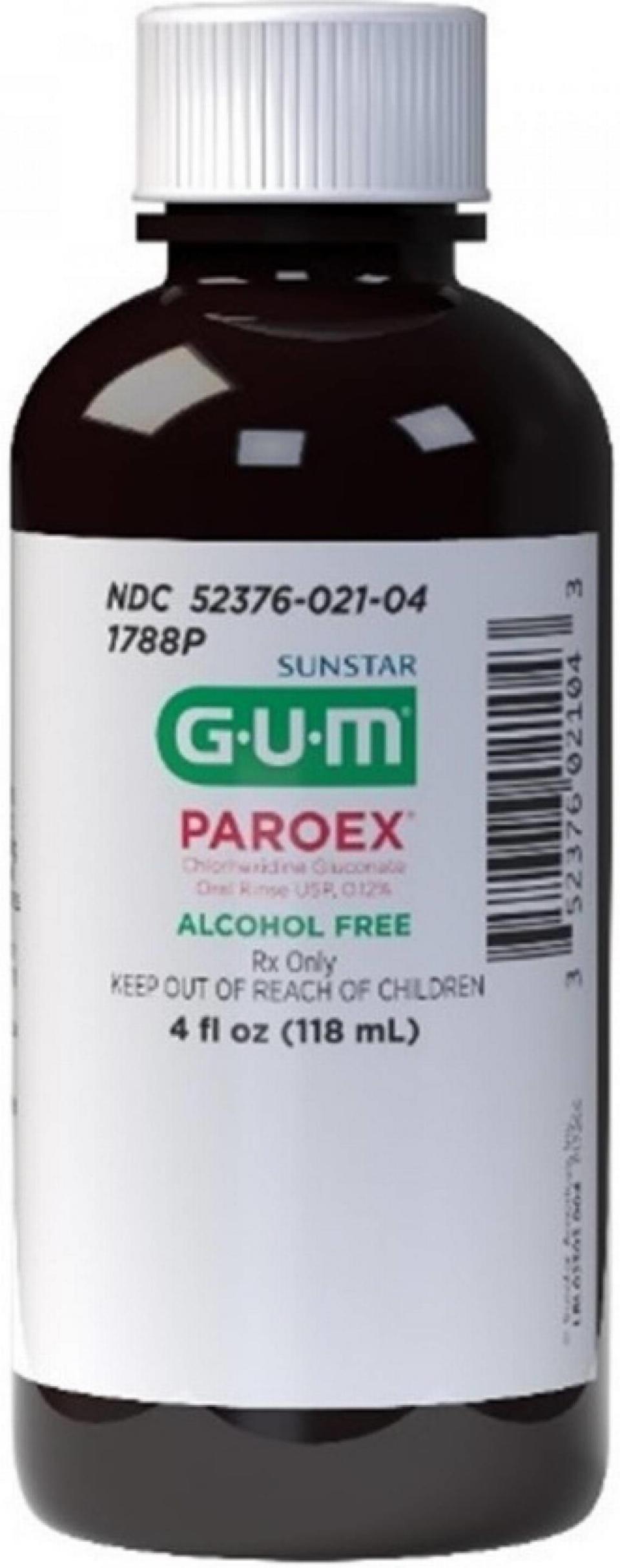 A 4-ounce bottle of GUM Paroex Chlorhexidine Gluconate Oral Rinse