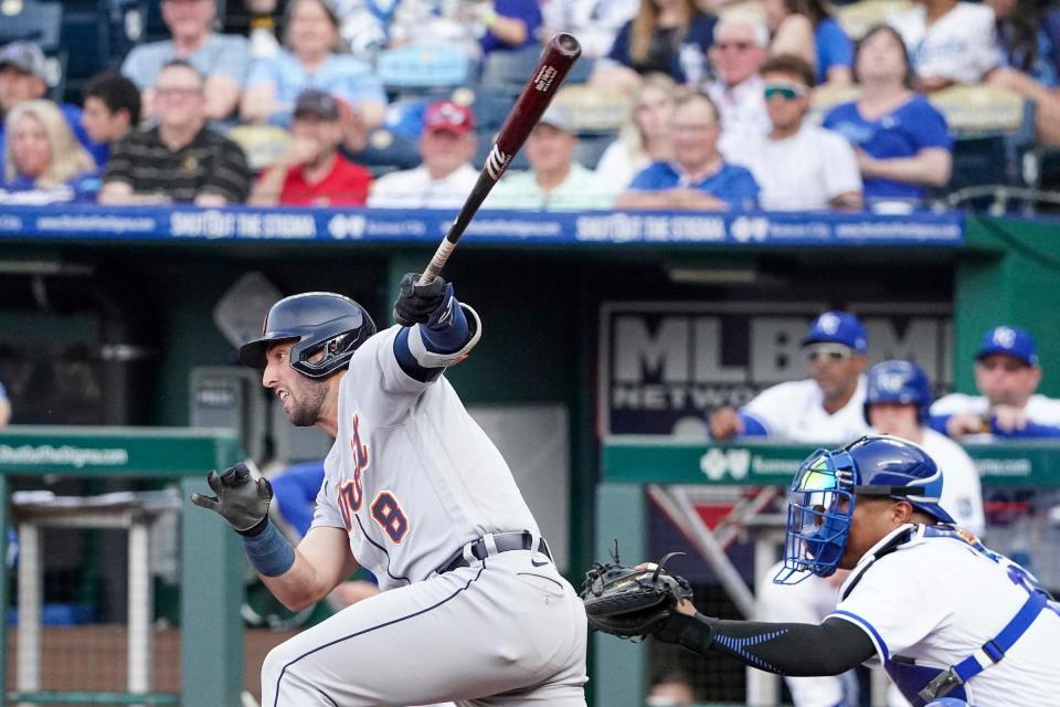 Tigers right fielder Matt Vierling hits a two-run singe against the Royals in the first inning on Monday, May 22, 2023, in Kansas City, Missouri.