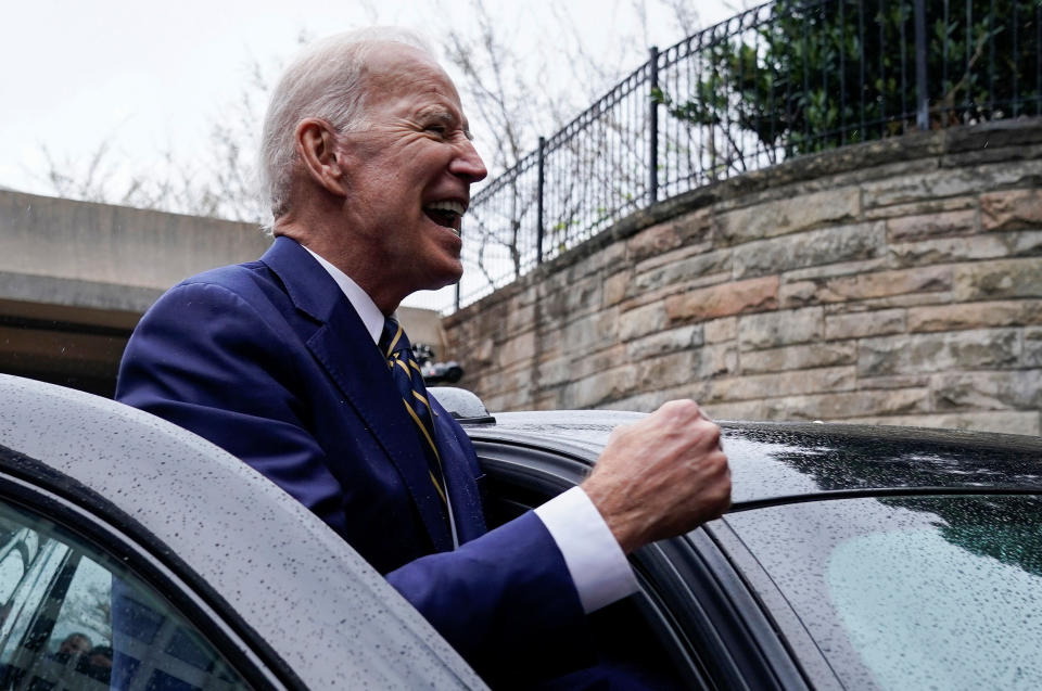 Former Vice President Joe Biden shouts to supporters after speaking at the International Brotherhood of Electrical Workers conference in Washington, D.C., on Friday. (Joshua Roberts/Reuters)