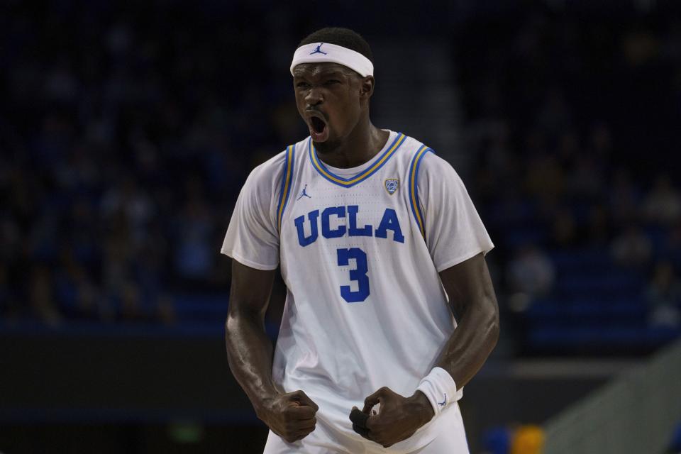 UCLA forward Adem Bona (3) reacts during the first half of an NCAA college basketball game against Utah, Sunday, Feb. 18, 2024, in Los Angeles. | Eric Thayer, AP