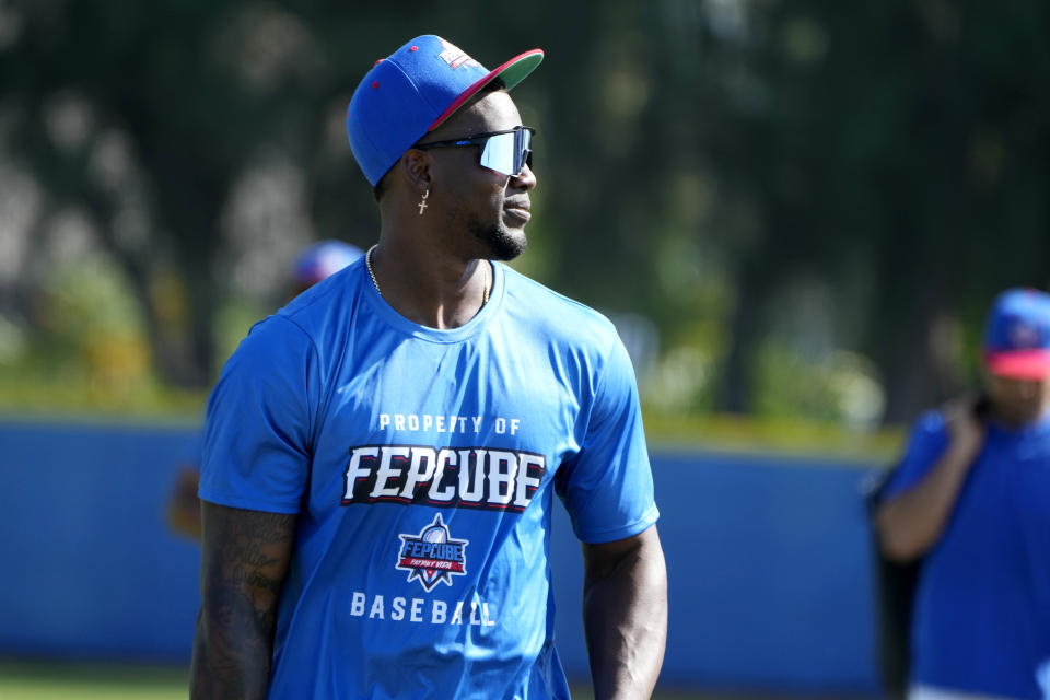 Outfielder Jorge Soler takes batting practice with the Cuban Professional Baseball Federation (FEPCUBE), Tuesday, Jan. 16, 2024, in Miami. The team is a group of about 30 or so players, most of whom were born in Cuba and defected from their home island. They’re not affiliated with the Baseball Federation of Cuba (FCB), the sport’s governing body in Cuba, but were put together to field a team that represents the patriotic ideals of their people. (AP Photo/Lynne Sladky)