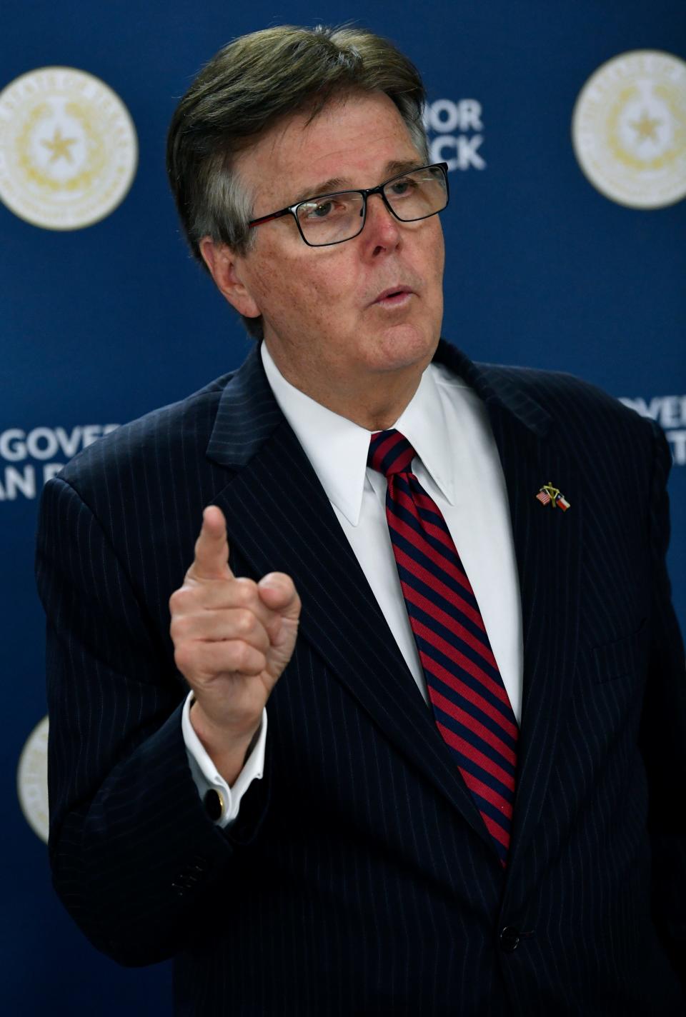 Lt. Governor Dan Patrick speaks to the media during a campaign press event at Abilene Regional Airport in 2018.