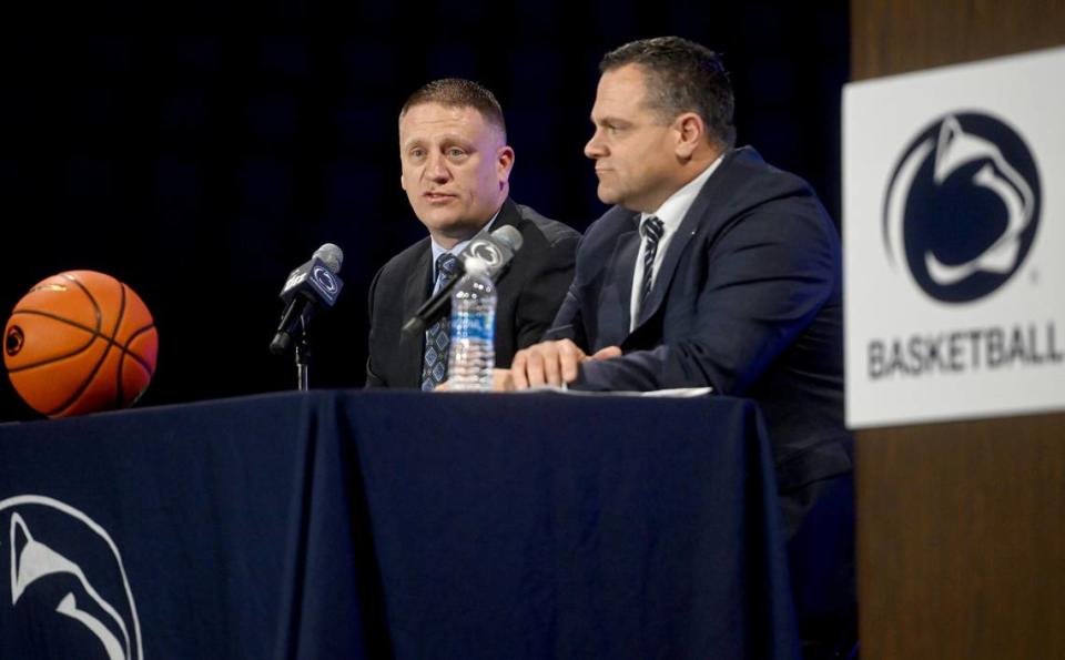 Penn State’s new men’s basketball coach Mike Rhoades answers questions during his introductory press conference at the Bryce Jordan Center on Thursday, March 30, 2023.