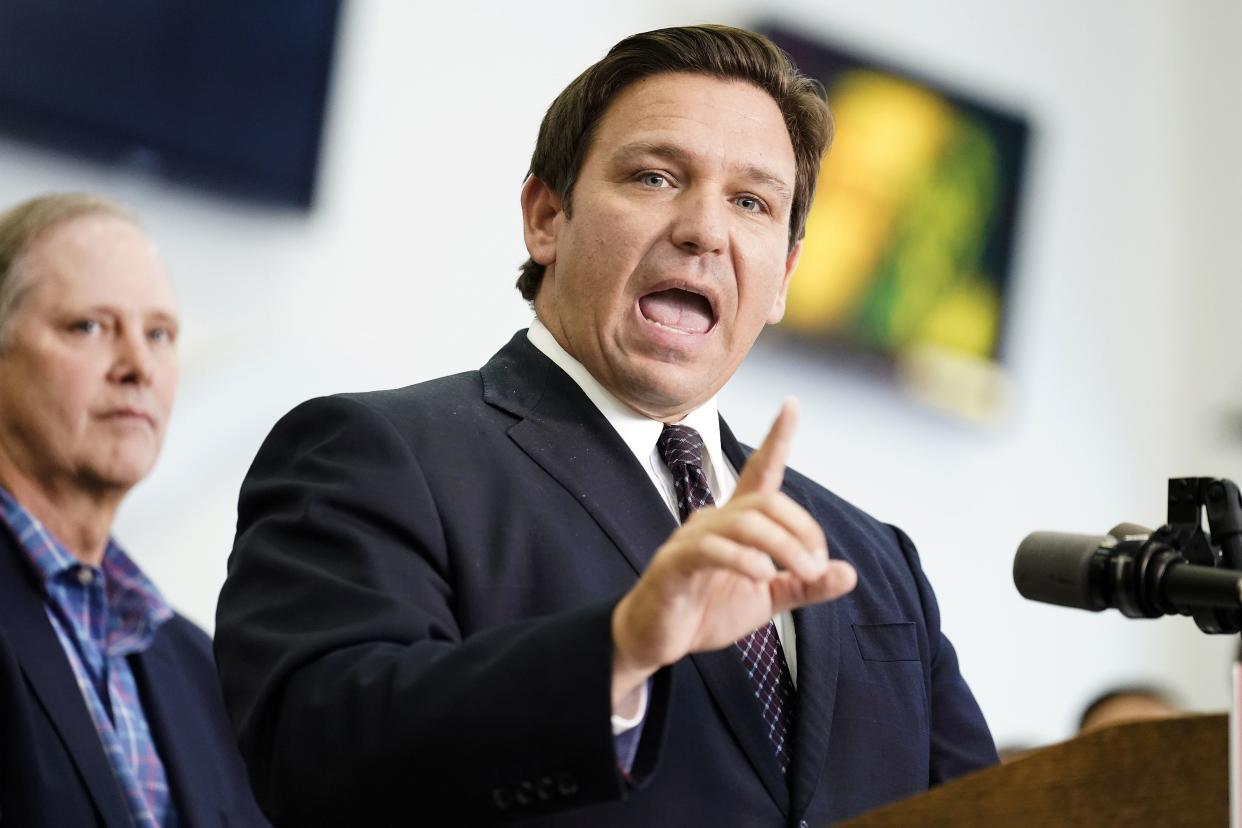 Florida Gov. Ron DeSantis speaks to supporters and members of the media after a bill signing on Nov. 18, 2021, in Brandon, Fla. 