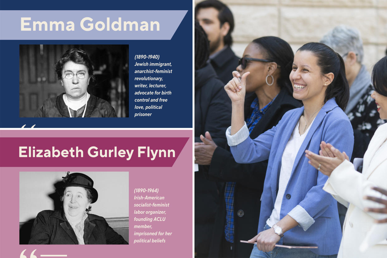 Images from an email sent out by Councilmember Tiffany Caban to mark Women's History Month featuring photos and descriptions of anarchist Emma Goldman and Communist Party of the United States leader Elizabeth Gurley Flynn; Tiffany Caban surrounded by people clapping