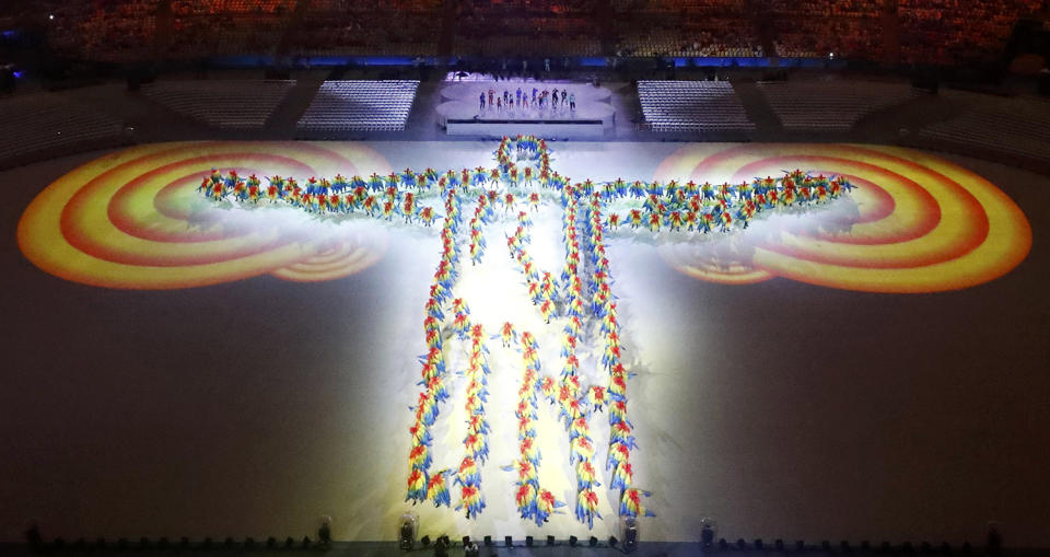 <p>Performers take part in the closing ceremony for the 2016 Rio Olympics on August 21, 2016. (REUTERS/Fabrizio Bensch) </p>