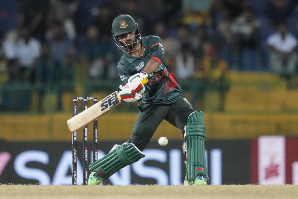 Bangladeshes' Towhid Hridoy plays a shot during the Asia Cup cricket match between Sri Lanka and Bangladesh in Colombo, Sri Lanka, Saturday, Sept. 9, 2023. (AP Photo/Eranga Jayawardena)