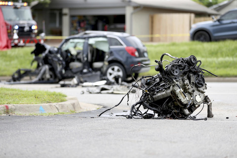 FILE - The scene of a fatality car crash, June 2, 2021, in Tulsa, Okla. Nearly 43,000 people were killed on U.S. roads last year, the highest number in 16 years as Americans returned to the highways after the pandemic forced many to stay at home. The 10.5% jump over 2020 numbers was the largest percentage increase since the National Highway Traffic Safety Administration began its fatality data collection system in 1975. (Tanner Laws/Tulsa World via AP, File)