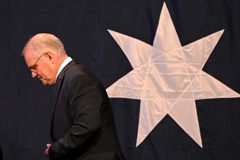 TOPSHOT - Australia's Prime Minister Scott Morrison leaves from a Liberal election night event after the Australian general election in Sydney on May 21, 2022. (Photo by Saeed KHAN / AFP) (Photo by SAEED KHAN/AFP via Getty Images)