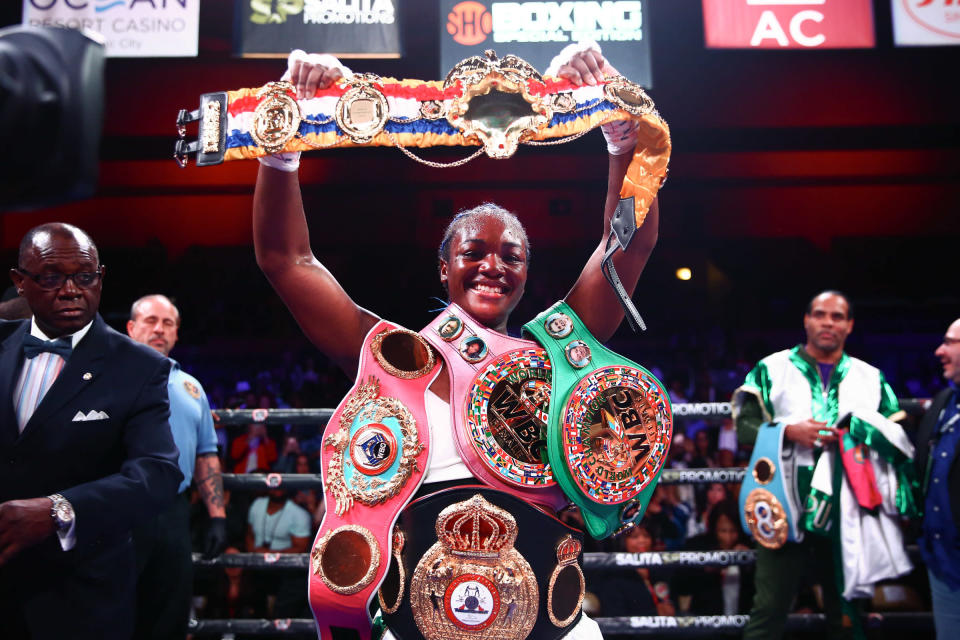 Claressa Shields celebrates after defeating Christina Hammer and unifying the middleweight division. (Stephanie Trapp/Showtime)