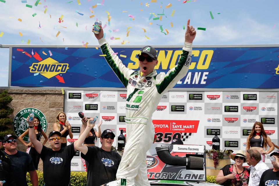 SONOMA, CA - JUNE 24: Kevin Harvick, driver of the #4 Fields Ford celebrates winning the NASCAR K&N Pro Series West Carneros 200 at Sonoma Raceway on June 24, 2017 in Sonoma, California. (Photo by Chris Trotman/Getty Images) *** Local Caption *** Kevin Harvick