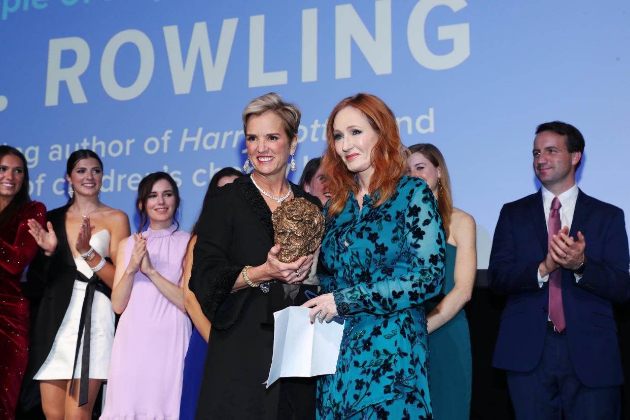 NEW YORK, NEW YORK - DECEMBER 12: President, Robert F. Kennedy Human Rights Kerry Kennedy and the Kennedy family present an award to J.K. Rowling on stage during the Robert F. Kennedy Human Rights Hosts 2019 Ripple Of Hope Gala & Auction In NYC on December 12, 2019 in New York City. (Photo by Bennett Raglin/Getty Images for for Robert F. Kennedy Human Rights)