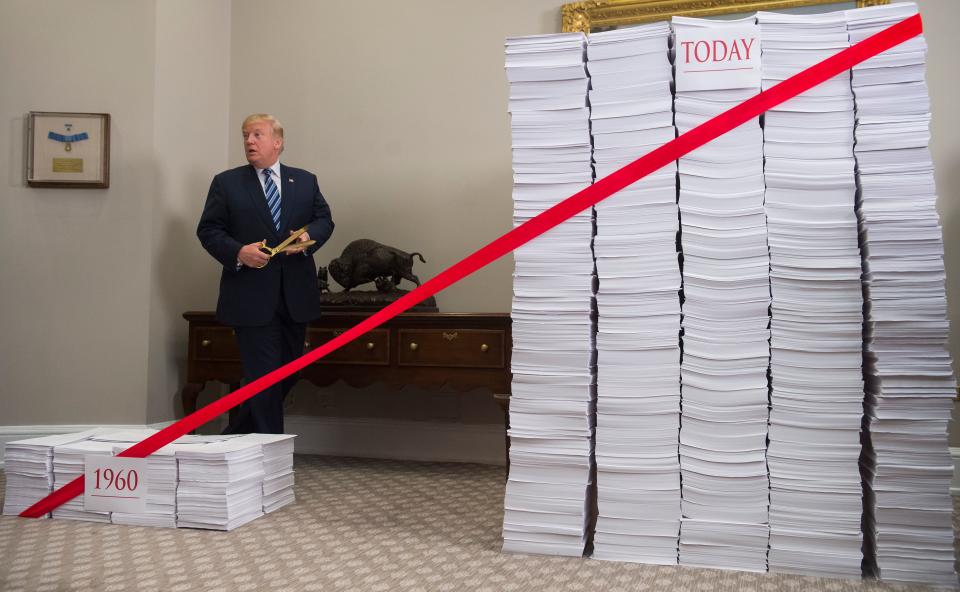 US President Donald Trump prepares to cut a red tape tied between two stacks of papers representing the government regulations of the 1960s (L) and the regulations of today (R) with gold scissors after he spoke about his administration's efforts in deregulation in the Roosevelt Room of the White House in Washington, DC on December 14, 2017. / AFP PHOTO / SAUL LOEB        (Photo credit should read SAUL LOEB/AFP via Getty Images)