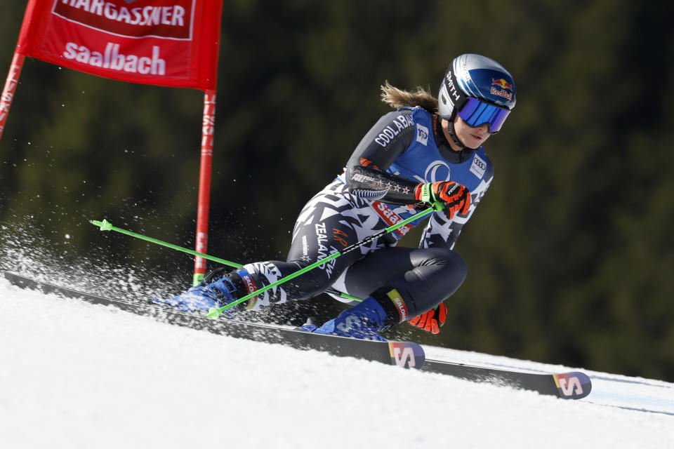 New Zealand's Alice Robinson competes during the first run of an alpine ski, women's World Cup giant slalom race, in Saalbach, Austria, Sunday, March 17, 2024. (AP Photo/Alessandro Trovati)
