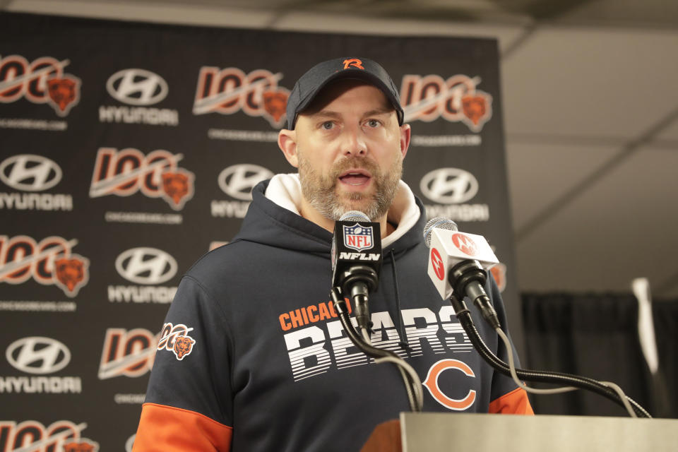 FILE - Chicago Bears head coach Matt Nagy speaks during a news conference following an NFL football game against the Dallas Cowboys, Thursday, Dec. 5, 2019, in Chicago. The heat is on — and the games haven't even kicked off yet. That's life in the NFL for some coaches who enter the regular season knowing they need to guide their squads through what will be a most unusual regular season and at least keep them in playoff contention into December. (AP Photo/Morry Gash)