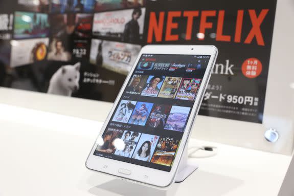 A smartphone sits on display during a launch event for Netflix service in Tokyo, Japan.