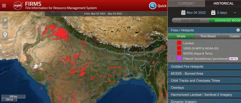 A satellite image from NASA's Fire Information for Rescue Management System (FIRMS) shows a dense patch of red dots, indicating fires, in northern India's Haryana and Punjab states, in the 24 hours leading up to November 4, 2022. / Credit: NASA/FIRMS