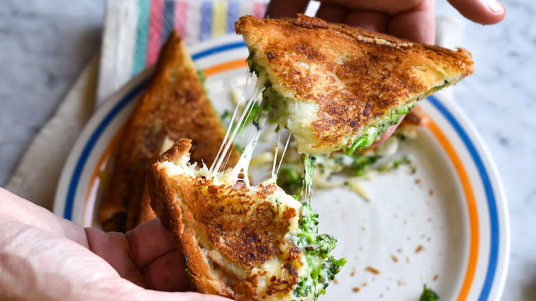 melty cheese and broccoli sandwich