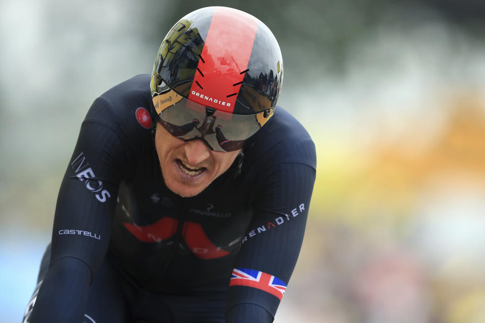 Britain's Geraint Thomas crosses the finish line of the fifth stage of the Tour de France cycling race, an individual time-trial over 27.2 kilometers (16.9 miles) with start in Change and finish in Laval Espace Mayenne, France, Wednesday, June 30, 2021. (Christophe Petit-Tesson, Pool Photo via AP)