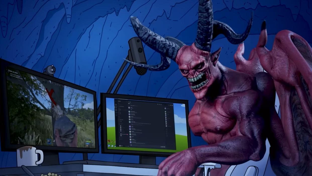  Satan sitting at a PC with two monitors surrounded by dishes, in a gaming chair. 