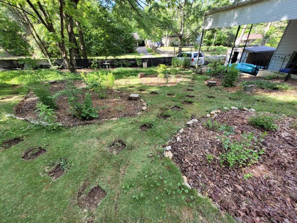 This is a “before” photo of Desensi and Anderson’s backyard before the transformationfrom 2019 to 2023 that added native flowers and plants to attract pollinators.