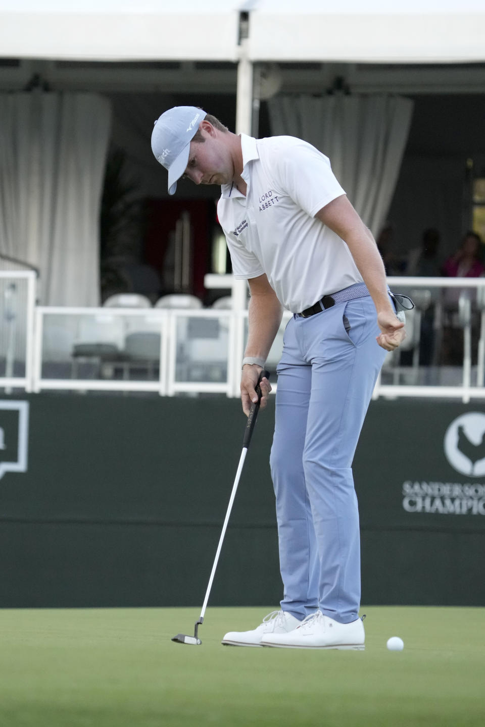 Ben Griffin urges his putt on the 18th green but it failed to fall for a birdie during the second round of the Sanderson Farms Championship golf tournament in Jackson, Miss., Friday, Oct. 6, 2023. (AP Photo Rogelio V. Solis)