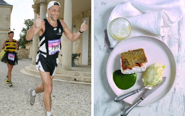 Chef Michel Roux Jr has run 21 marathons; right, his recipe for pre-marathon fuel - Steve Lee /Norwegian Seafood Council