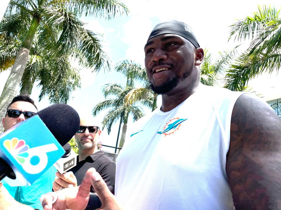 Bayron Matos, from the Dominican Republic, is practicing with the Miami Dolphins as an offensive tackle.