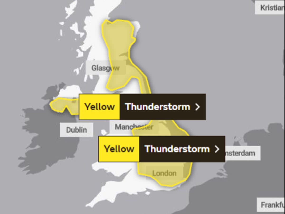 The Met Office has issued a warning for storms across the east of the UK and Midlands until 8pm on Thursday (UK Met Office)