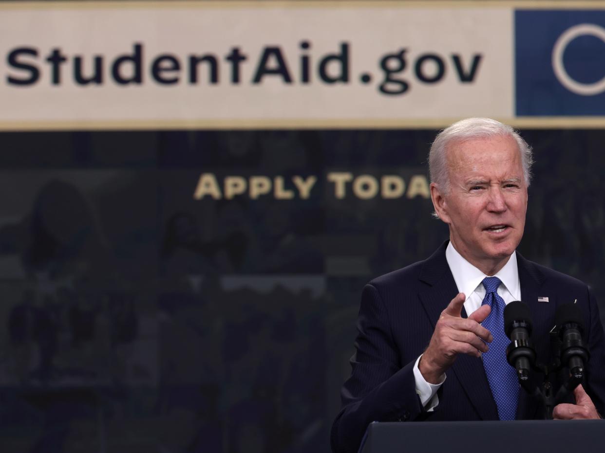 President Joe Biden speaks on the student-debt-relief plan in the South Court Auditorium at the Eisenhower Executive Office Building on October 17, 2022, in Washington, DC. Biden gave an update on the student-debt-relief-portal beta test.