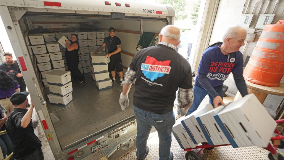 Jul 1, 2024; Columbus, OH, 43215; Boxes of signed petitions are unloaded at the Ohio Secretary of State’s office for Citizens Not Politicians, a potential anti-gerrymandering constitutional amendment. Supporters say they have 731,000 signatures, more than enough to secure a spot on the Nov. 5, 2024, ballot.