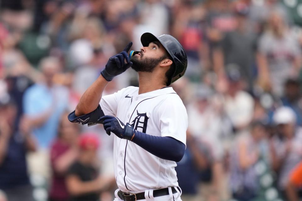 Detroit Tigers' Riley Greene looks skyward after a solo home run during the sixth inning of a baseball game against the Minnesota Twins at Comerica Park in Detroit on Thursday, Aug. 10, 2023.