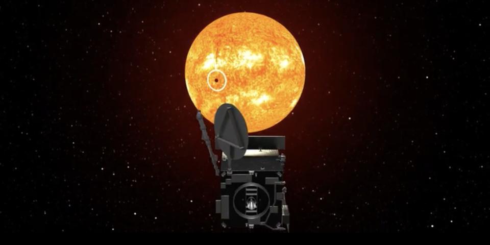 A 3D rendered image shows an artist's impression of a satellite pointing at the sun.