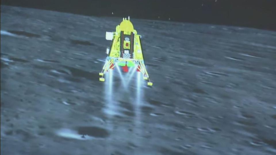 An image from the Indian Space Research Organisation live feed on Wednesday shows the Chandrayaan-3 spacecraft seconds before its successful lunar landing.