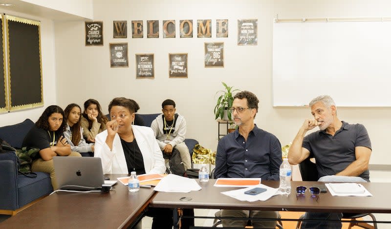 Brainstorming: Karen Williams, managing director of Roybal Film and Television Fund; Grant Heslov, George Clooney (Courtesy of Roybal LC)