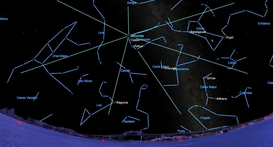 light blue lines emanate out from the gemini constellation, center. many other constellations hang in the surrounding sky, outlined in blue.