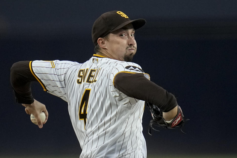 FILE - San Diego Padres starting pitcher Blake Snell works against a Colorado Rockies batter during the first inning of a baseball game Tuesday, Sept. 19, 2023, in San Diego. Snell is a leading contender for his second Cy Young Award and Gerrit Cole could finally take home his first when baseball's top pitching prizes are announced. (AP Photo/Gregory Bull, File)