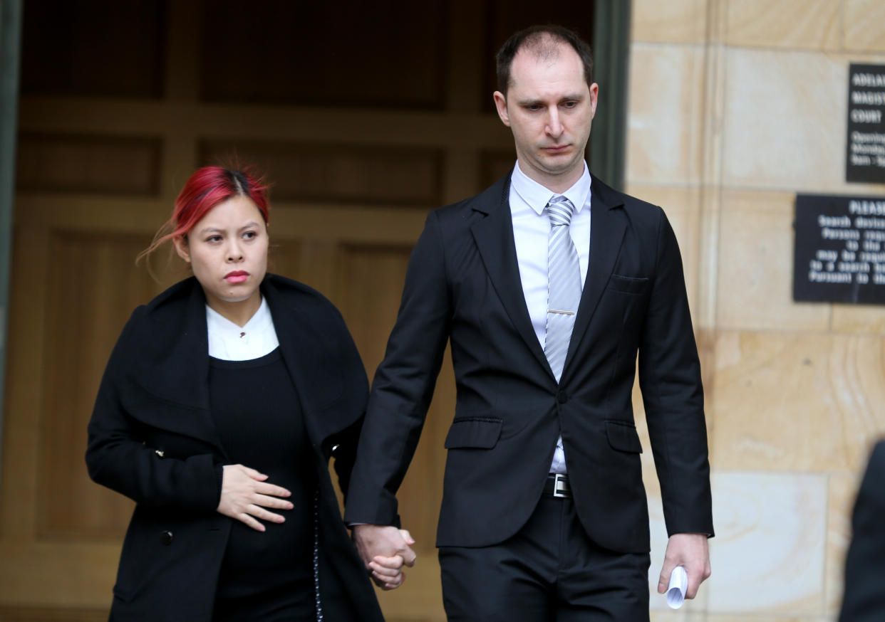 Alexander Campbell (right) leaves the Adelaide Magistrates Court in Adelaide in 2019. Source: AAP