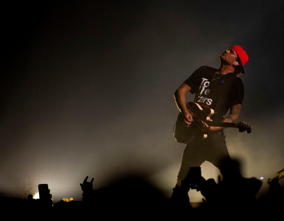 Tom DeLonge of Blink 182 performs at Bridgestone Arena in Nashville , Tenn., Sunday, July 16, 2023.