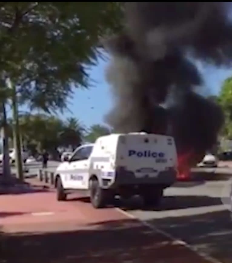 Police car at the scene of a fiery Ferrari crash in Perth.