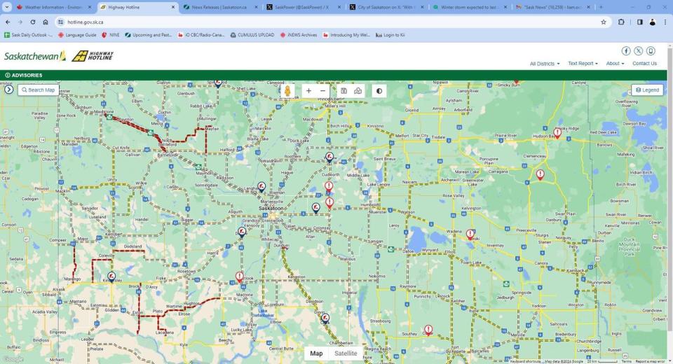 The City of Saskatoon reported 21cm of snow accumulation and have set priority on plowing Circle Drive. All highways leaving the city are listed as travel not recommended by Highway Hotline.