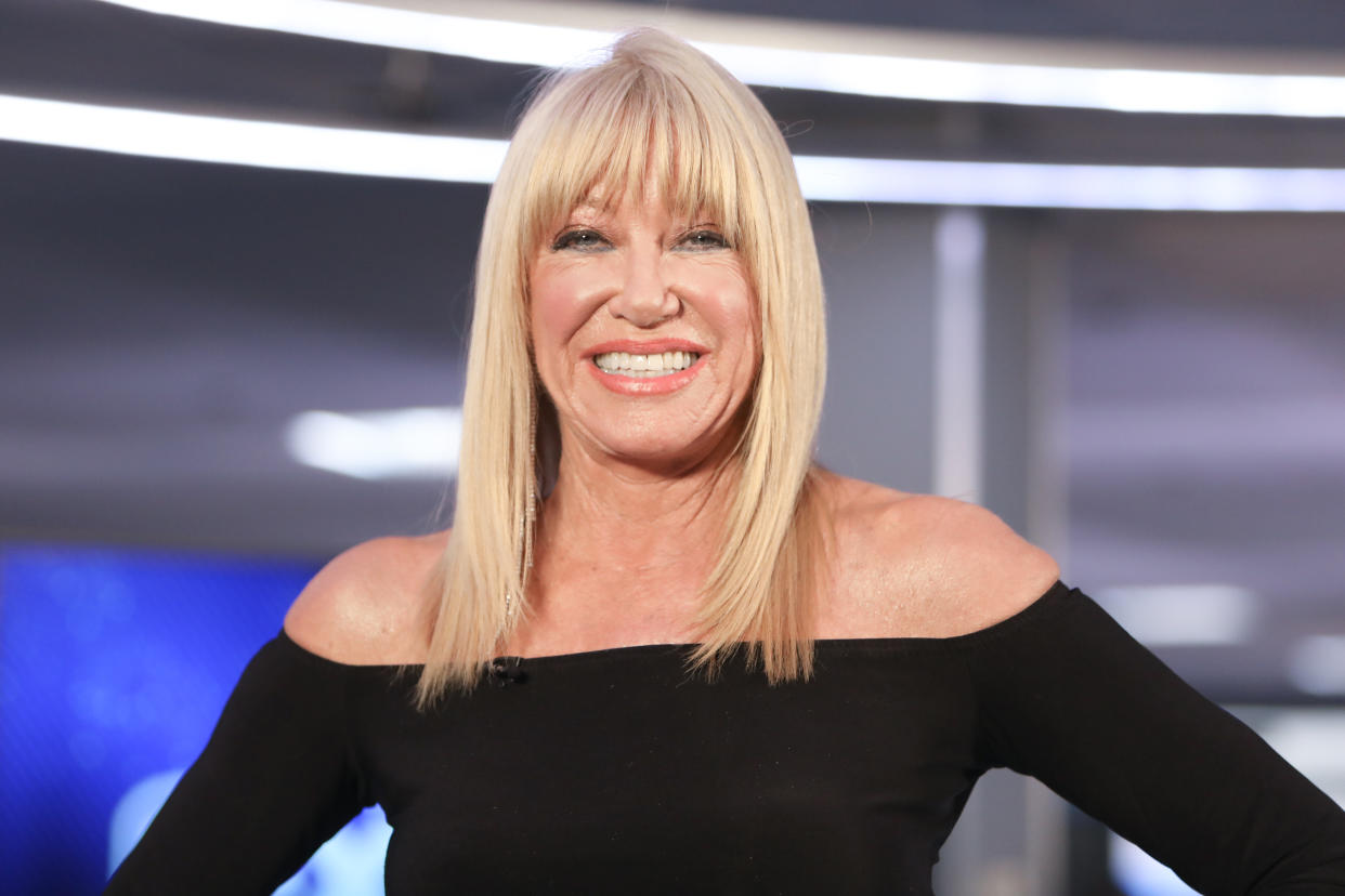 BURBANK, CALIFORNIA - FEBRUARY 19: Actress Suzanne Somers visits “Extra” at Burbank Studios on February 19, 2020 in Burbank, California. (Photo by Paul Archuleta/Getty Images)