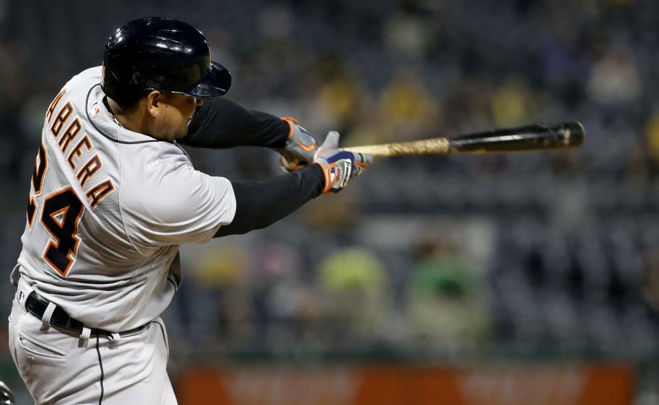 Detroit Tigers first baseman Miguel Cabrera (24) hits an RBI single against the Pittsburgh Pirates during the fifth inningat PNC Park in Pittsburgh on Wednesday, Sept. 8, 2021.