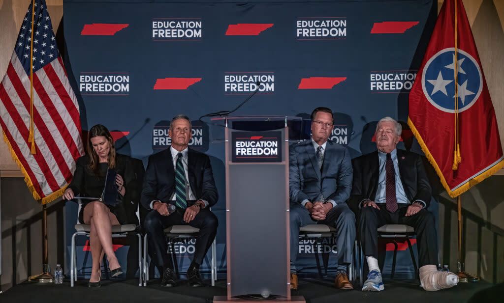 House Speaker Cameron Sexton, third from left, with Arkansas Gov. Sarah Huckabee Sanders, Gov. Bill Lee and Lt. Gov. Randy McNally, at the November 2023 rollout of Lee's universal school voucher program. (Photo: John Partipilo)