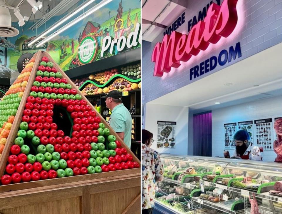 A pyramid of red and green apples next to a photo of a butcher behind the meat counter.