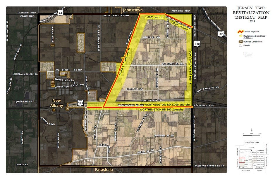 The areas in yellow show the revitalization district approved by the Jersey Township Trustees on July 1. Revitalization districts area a way to remove barriers for businesses that want liquor licenses.